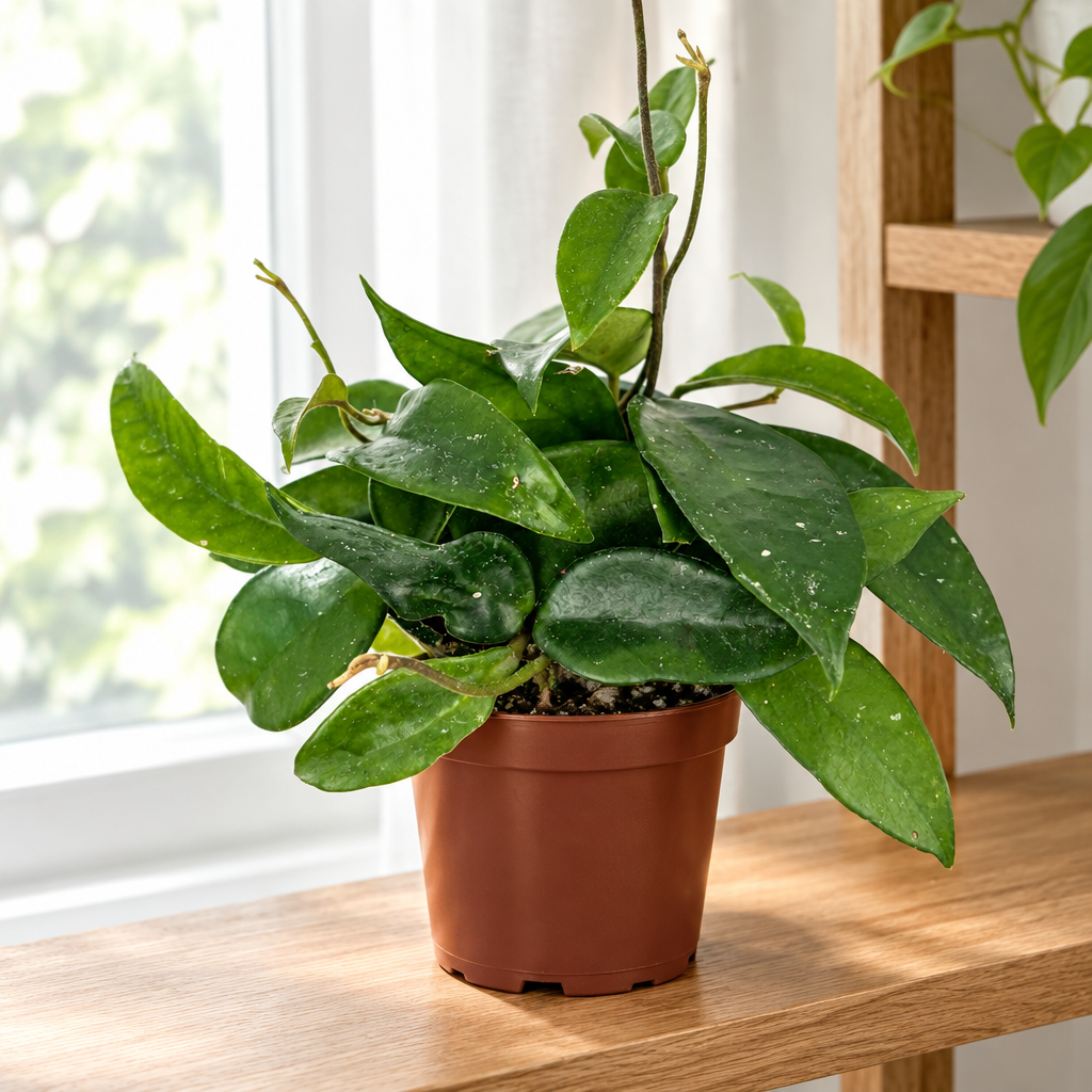 Hoya carnosa in a brown nursery pot on a bright indoor shelf