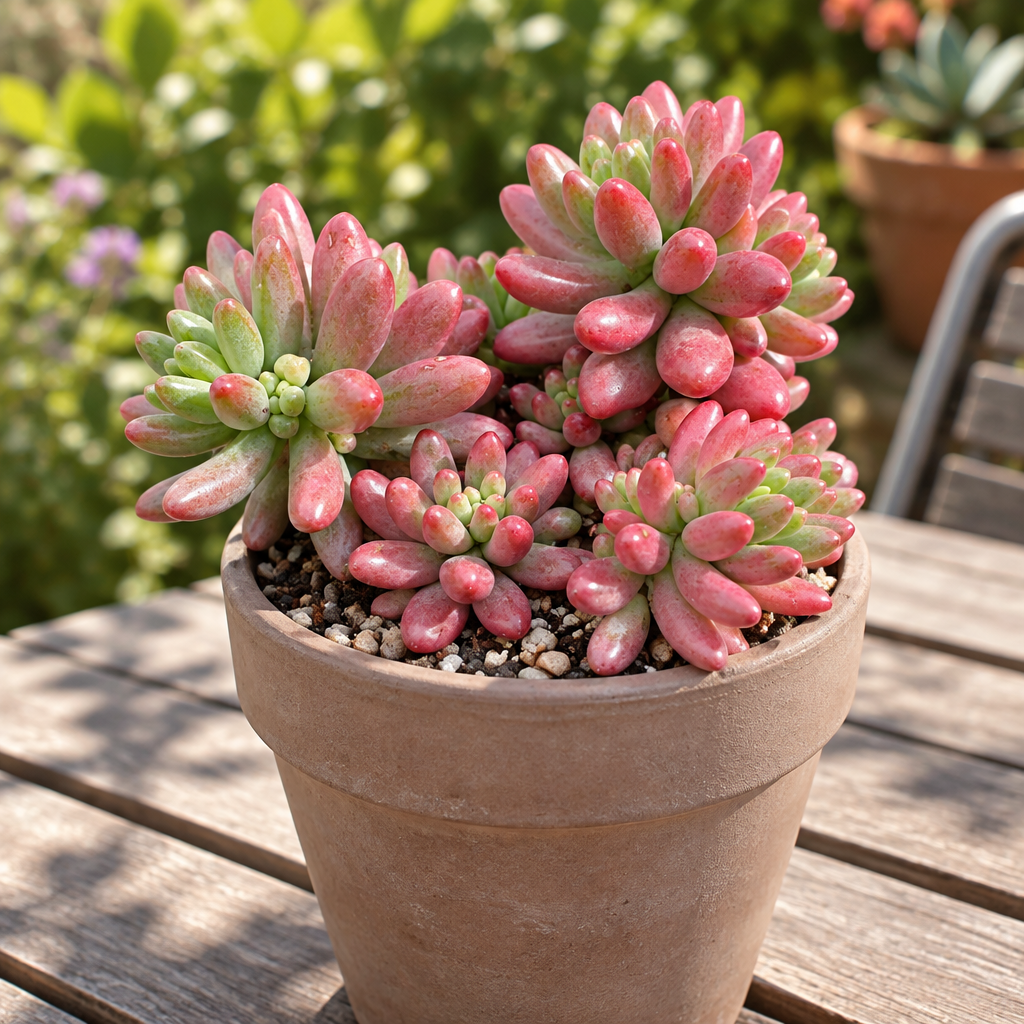 Pink and green Jelly Bean Sedum Aurora in taupe terracotta on a sunny patio
