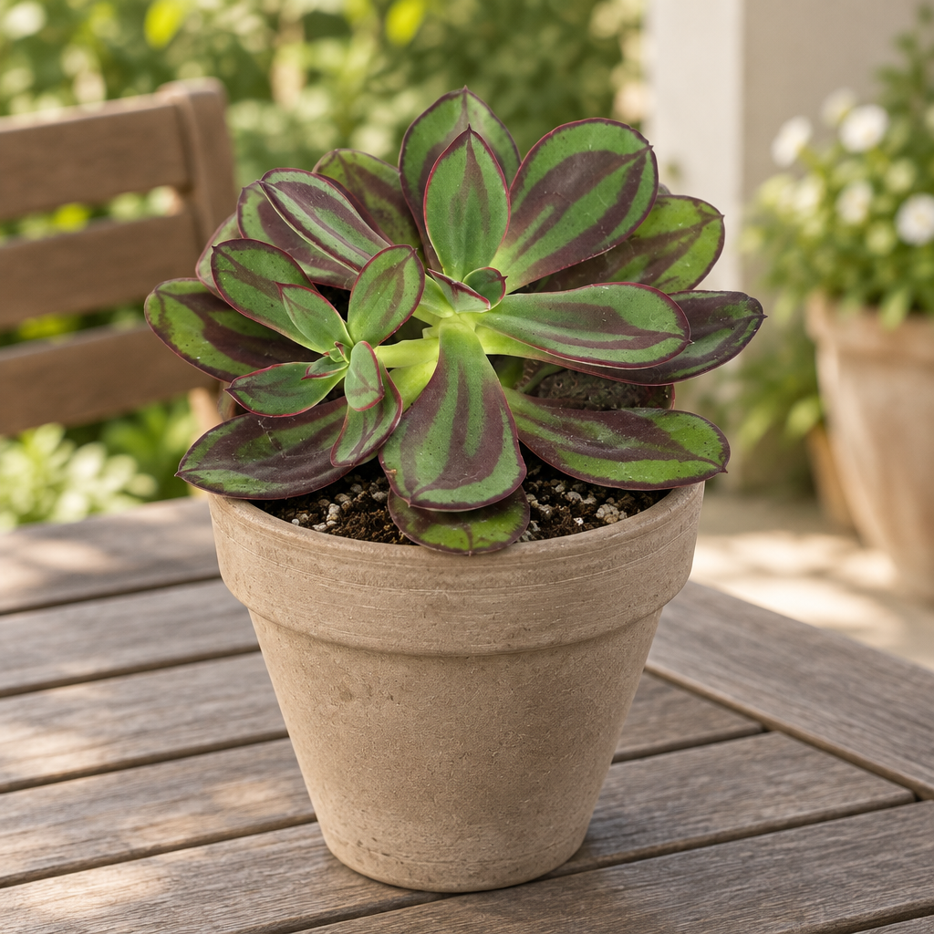 Echeveria nodulosa planted directly in muted taupe terracotta on a sheltered patio