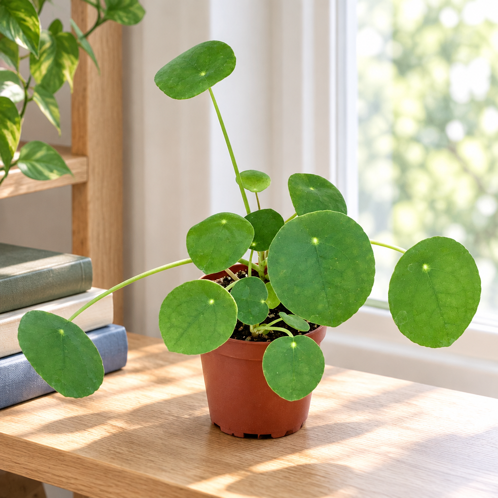 Small Chinese Money Plant in its nursery grow pot on an indoor table by a window