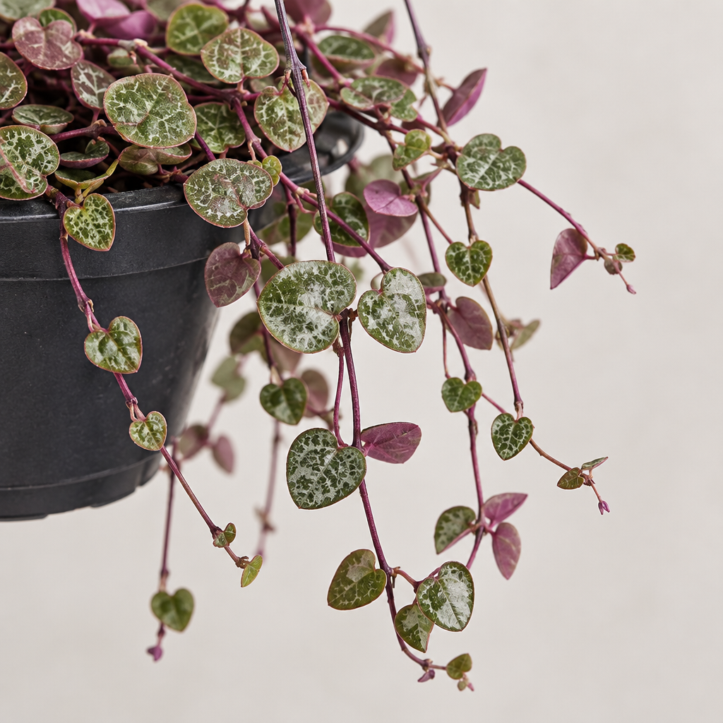 Detail of silver-patterned String of Hearts leaves and purple trailing vines