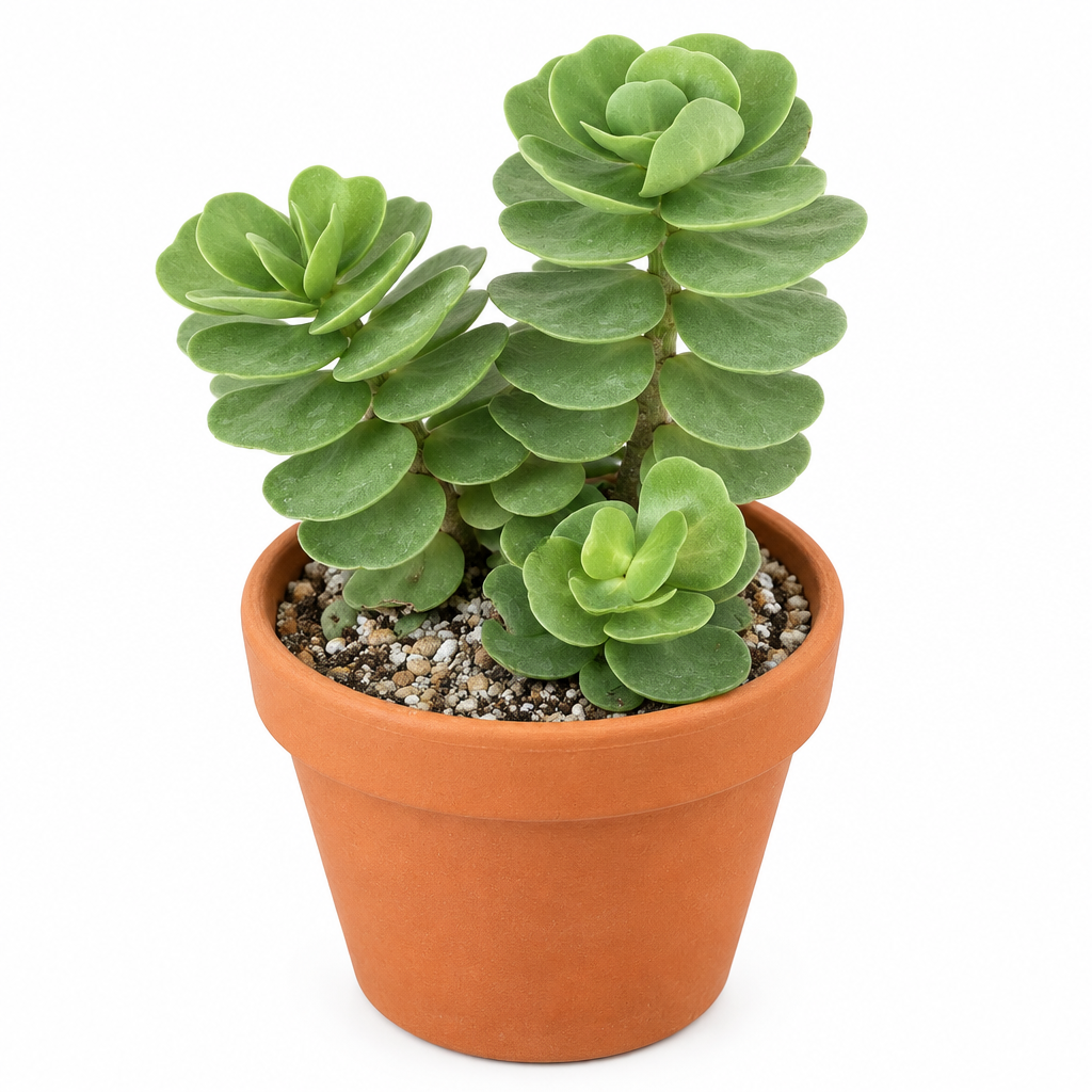 Portulaca molokiniensis directly planted in warm terracotta on white
