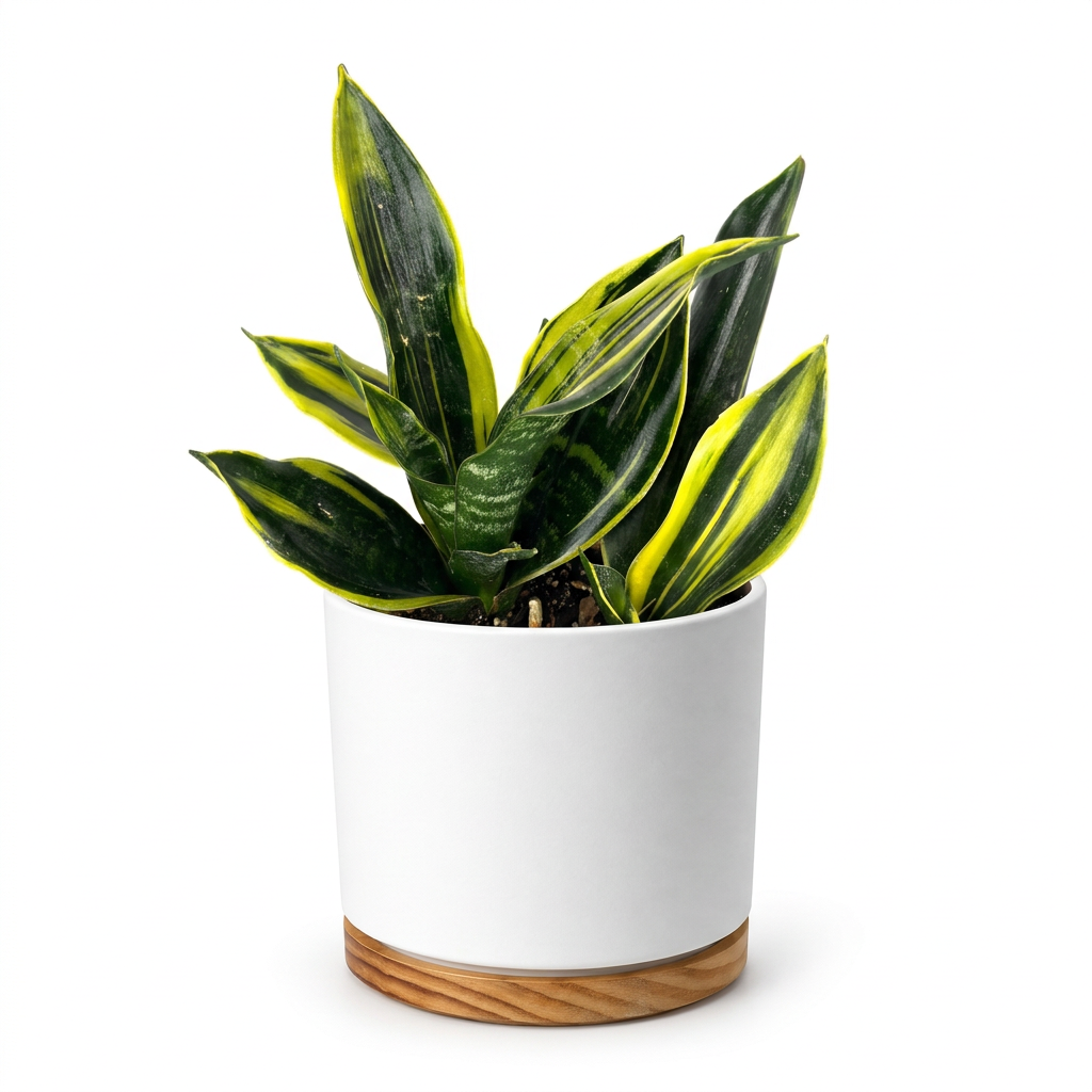 Gold Flame Snake Plant styled in a white OSLO decorative planter with wooden base, sold separately