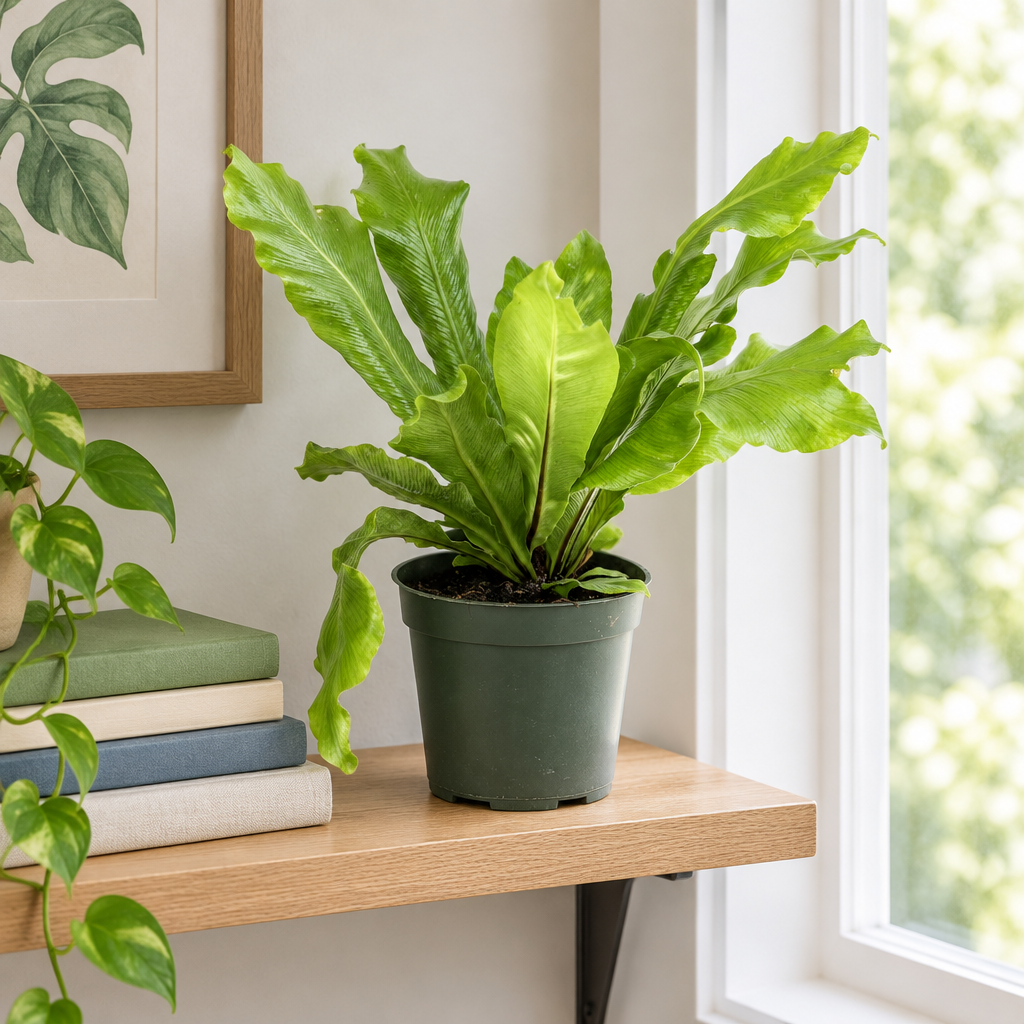 Young Bird's Nest Fern in its nursery grow pot on an indoor shelf by a window