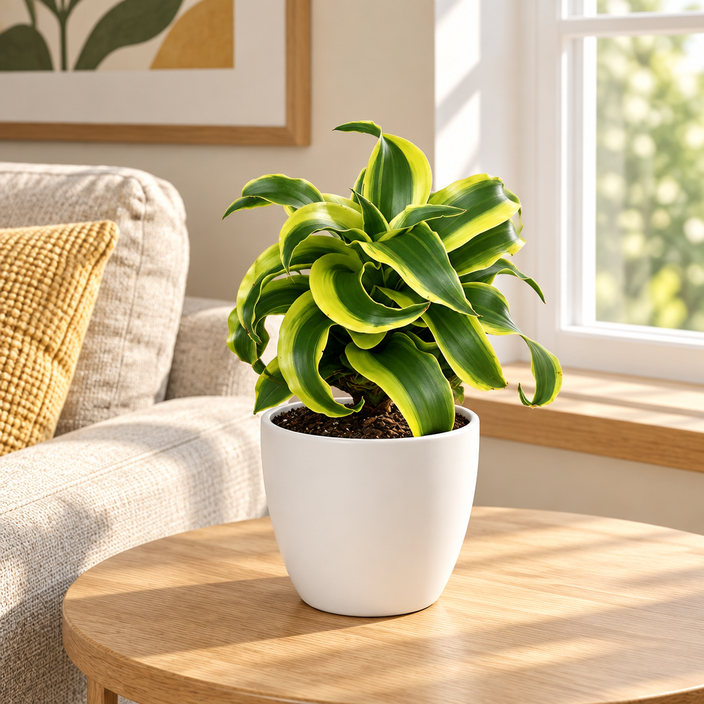 Dracaena Tornado styled in a separately sold white Basel planter on a living-room side table