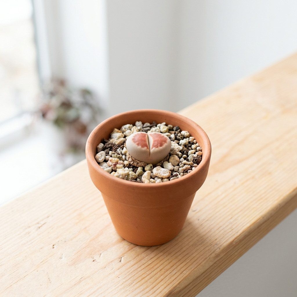 One Lithops Top Red head styled on an indoor windowsill in terracotta; decorative pot sold separately