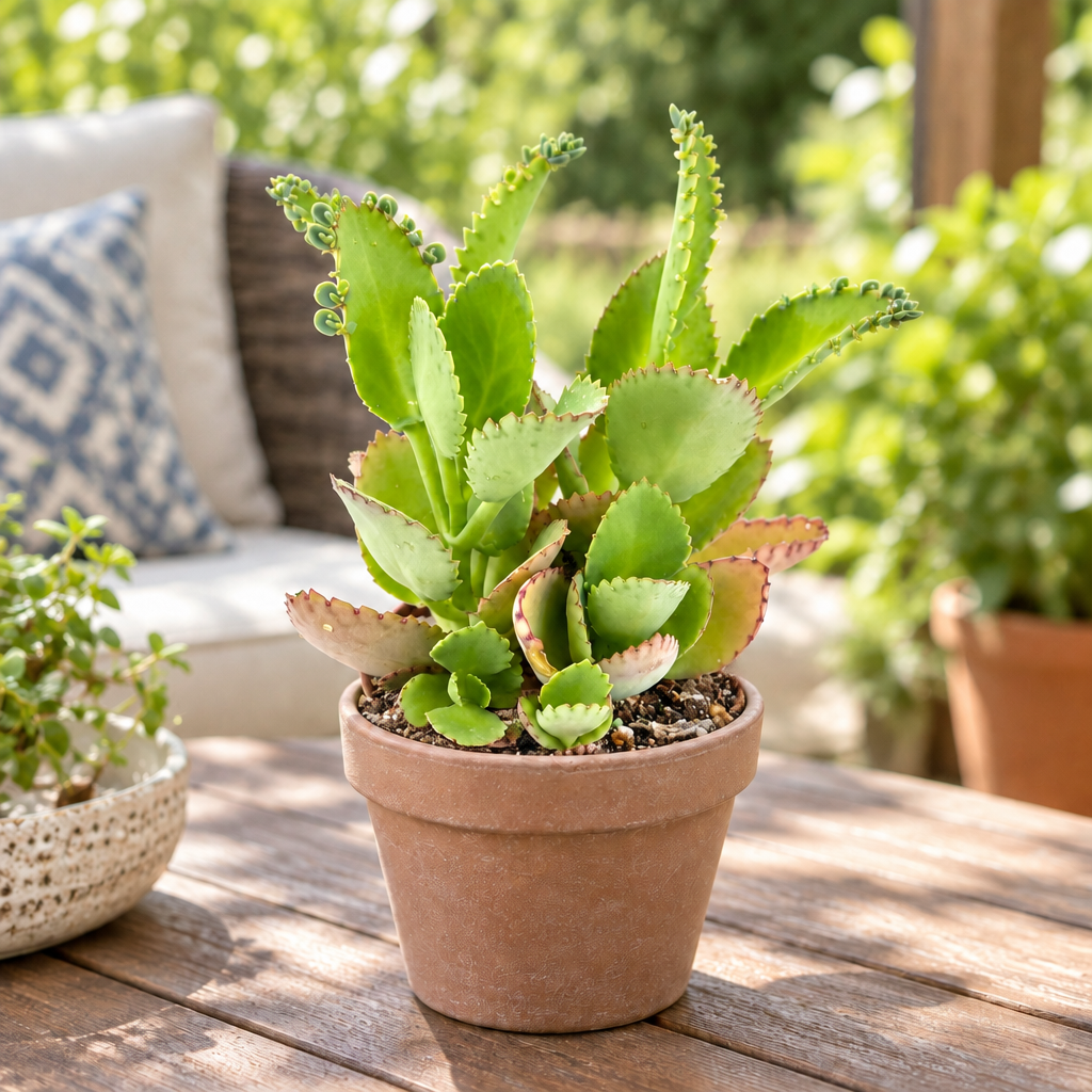 Mother of Thousands directly planted in taupe terracotta on a sheltered patio