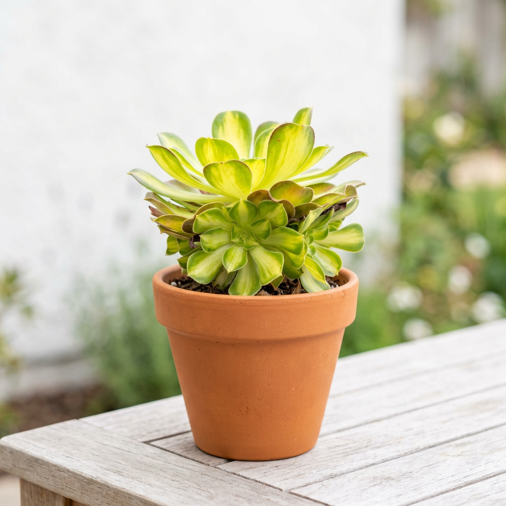 Aeonium Lemon Lime styled on a bright outdoor patio in a terracotta pot; decorative pot sold separately