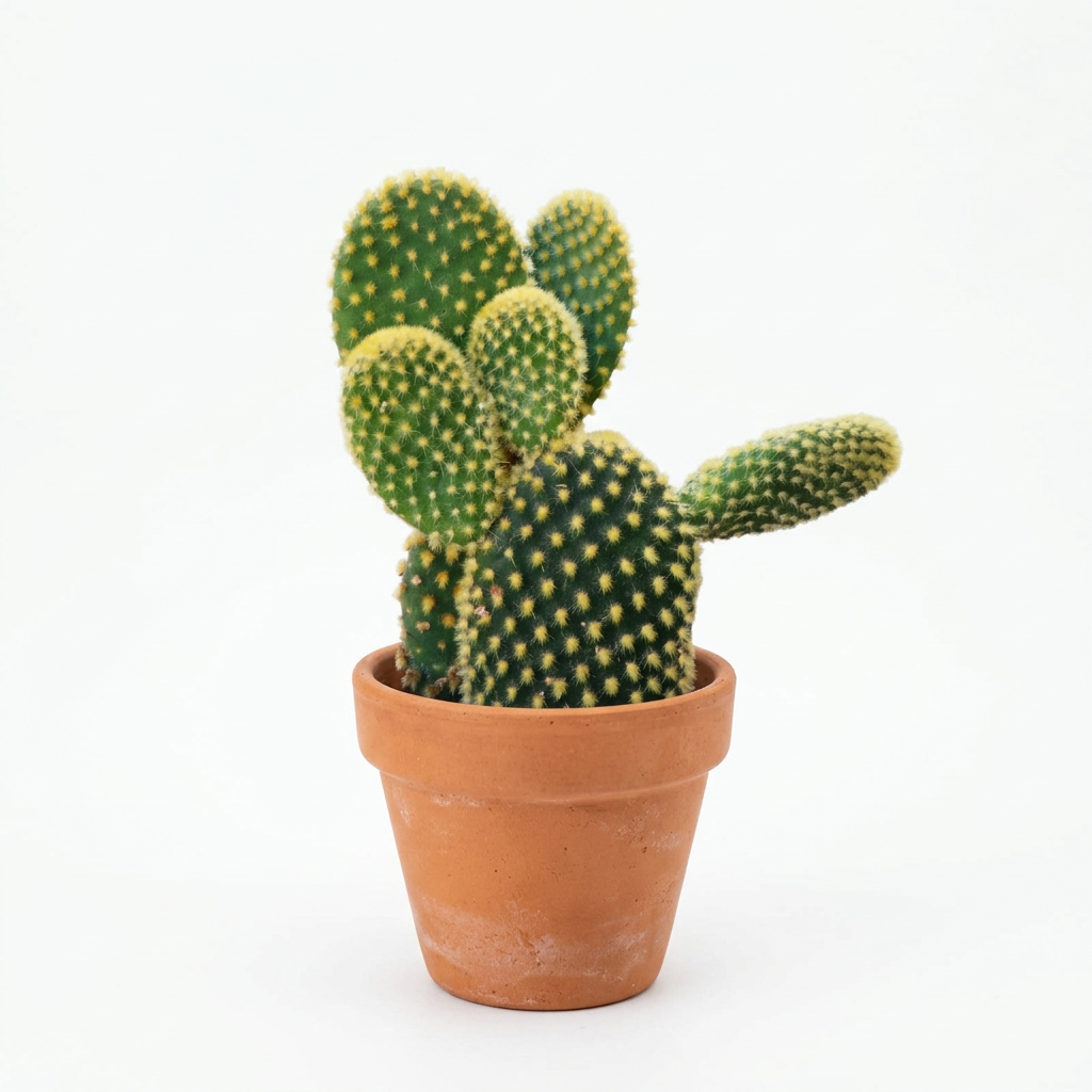 Bunny Ears cactus styled in a classic terracotta pot on a pure white background; decorative pot sold separately.