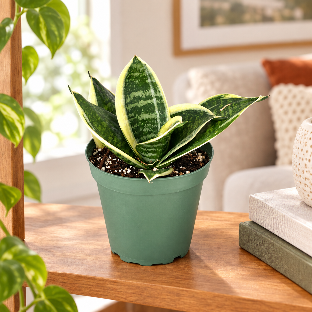 Compact Hahnii Ocean Star snake plant in nursery pot on living room shelf