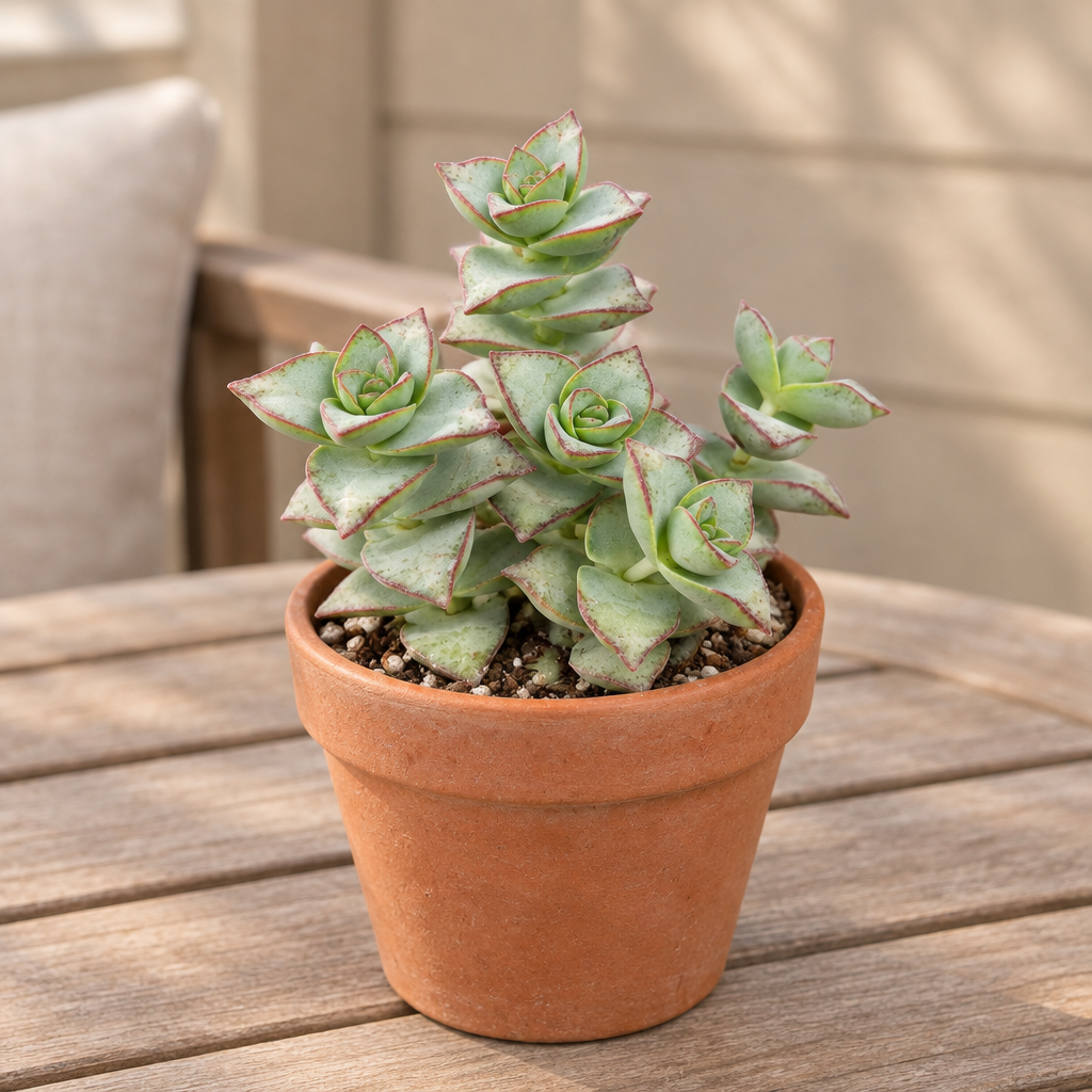 String of Buttons succulent planted directly in terracotta on a sheltered patio