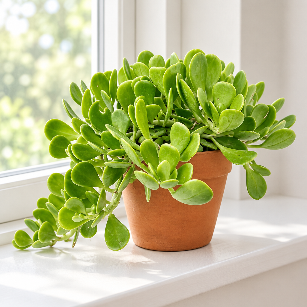 Purple Trailing Jade in terracotta on a bright windowsill, with green oval leaves spilling over the pot