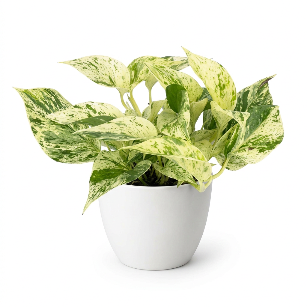 Snow Queen Pothos styled in a white BASEL planter on a white background; decorative planter sold separately