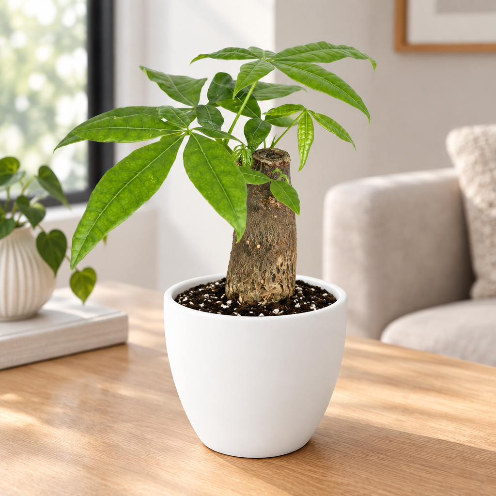 Money Tree Pachira stump bonsai styled in white Basel 4.7-inch planter, sold separately