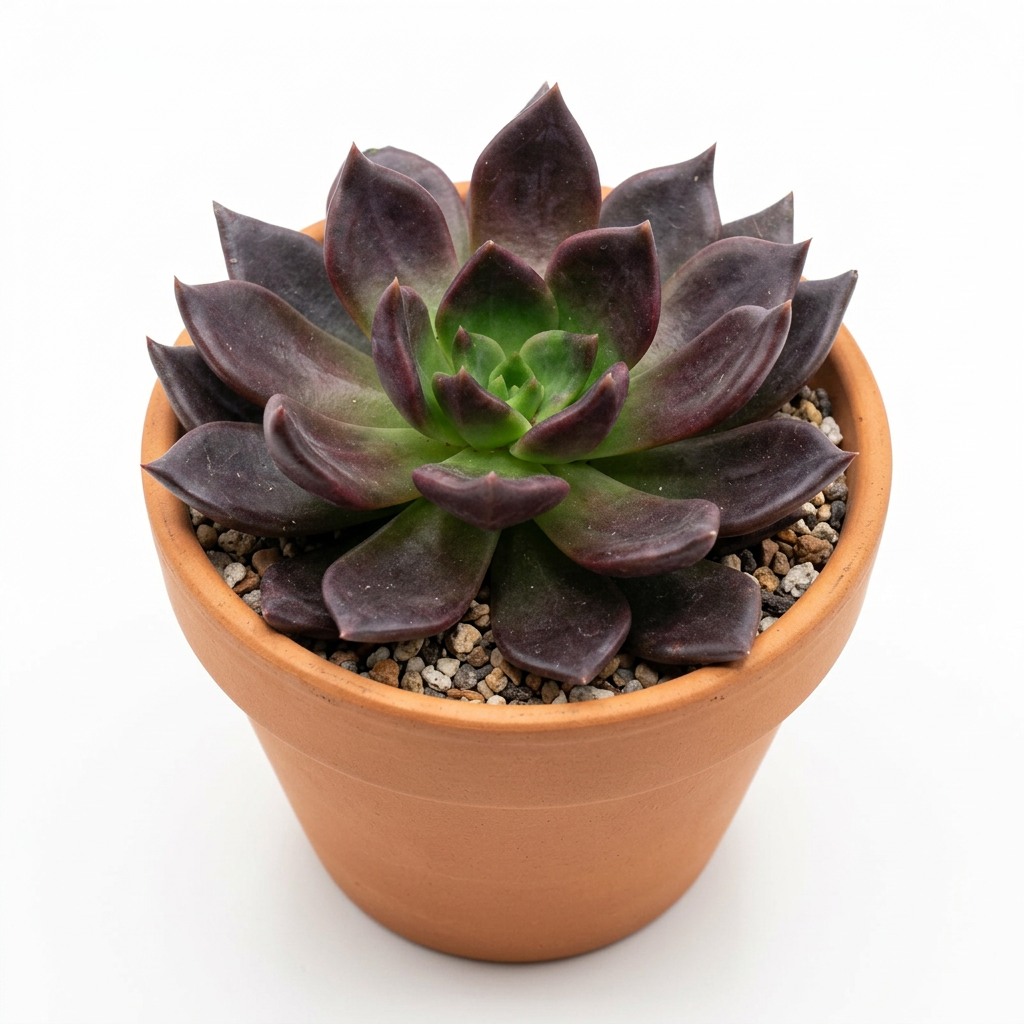 Echeveria Black Prince styled in a terracotta pot against a white studio background; decorative pot sold separately