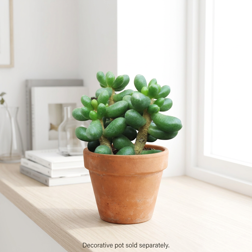 Sedum hernandezii styled by a bright indoor window in a terracotta pot; decorative pot sold separately