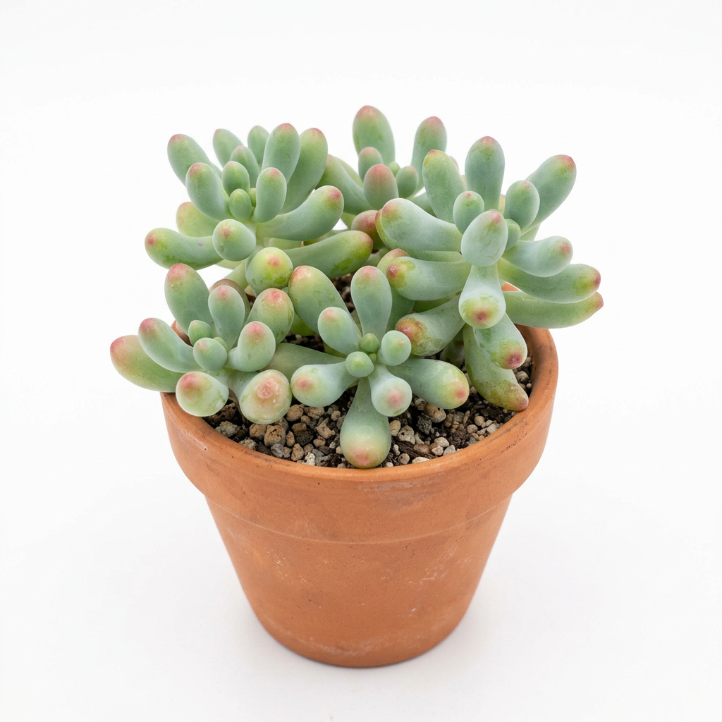 Pink Jellybean Sedum pachyphyllum styled in a terracotta pot on a white studio background; decorative pot sold separately