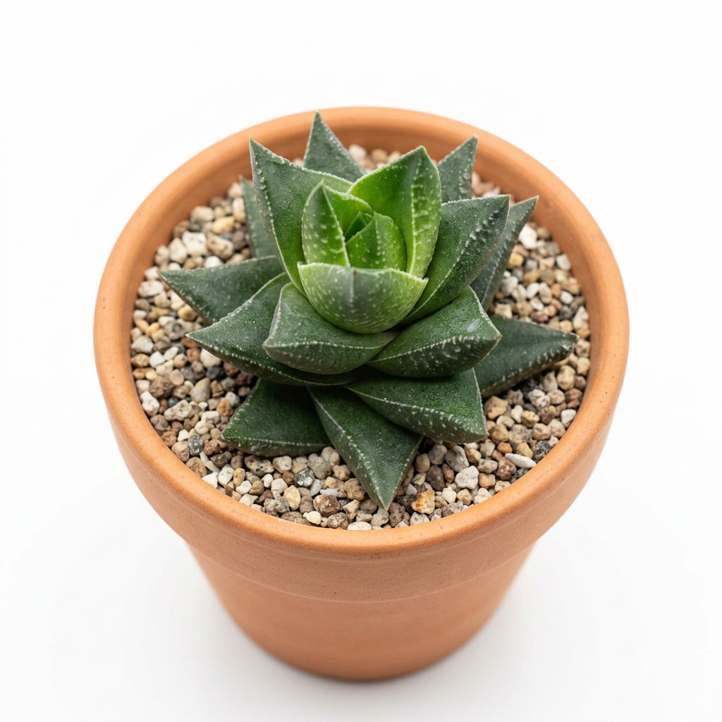 Close-up of Haworthia resendeana's layered green leaves in terracotta; pot sold separately