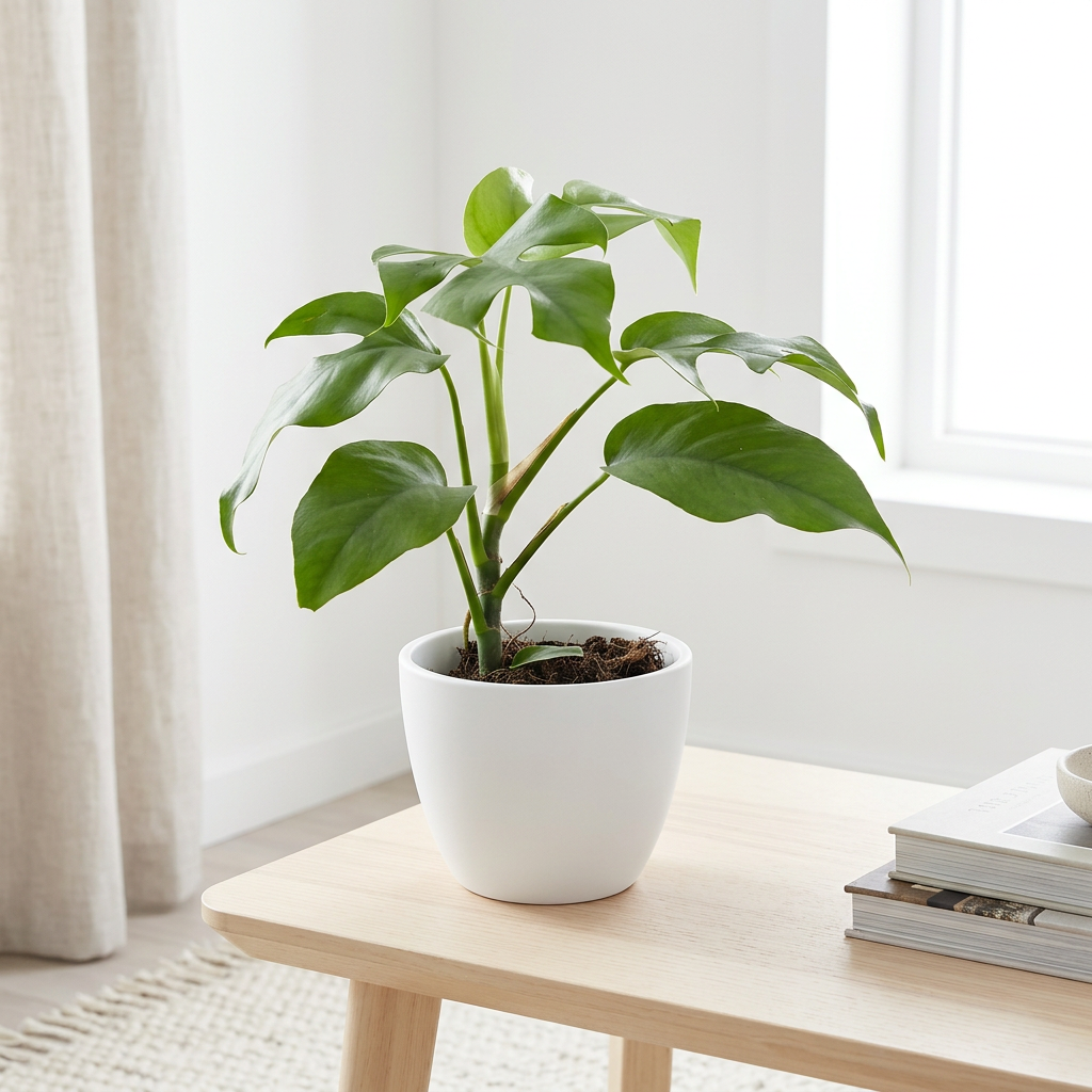 Mini Monstera styled near a bright indoor window in a white BASEL planter; decorative planter sold separately