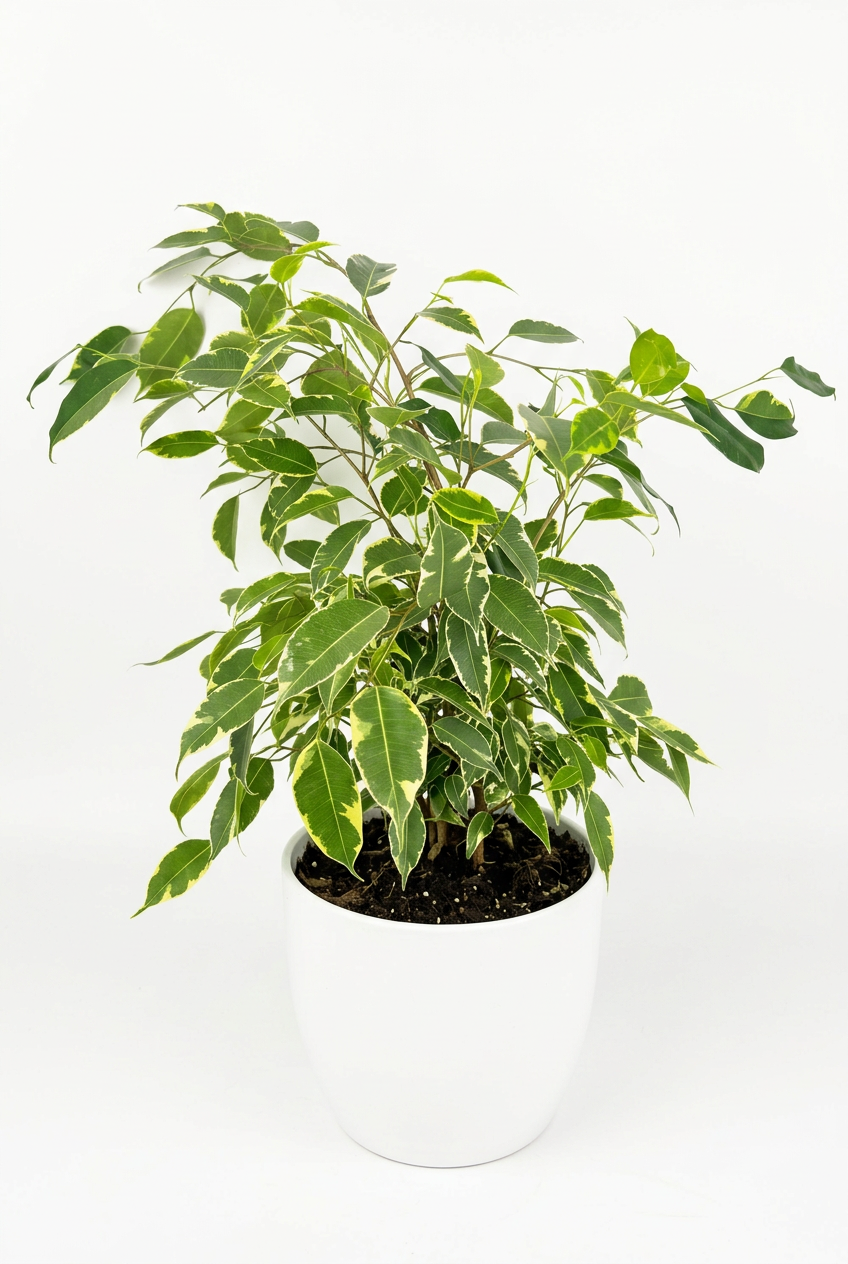 Ficus benjamina Spearmint styled in a white BASEL planter on a white background; decorative planter sold separately