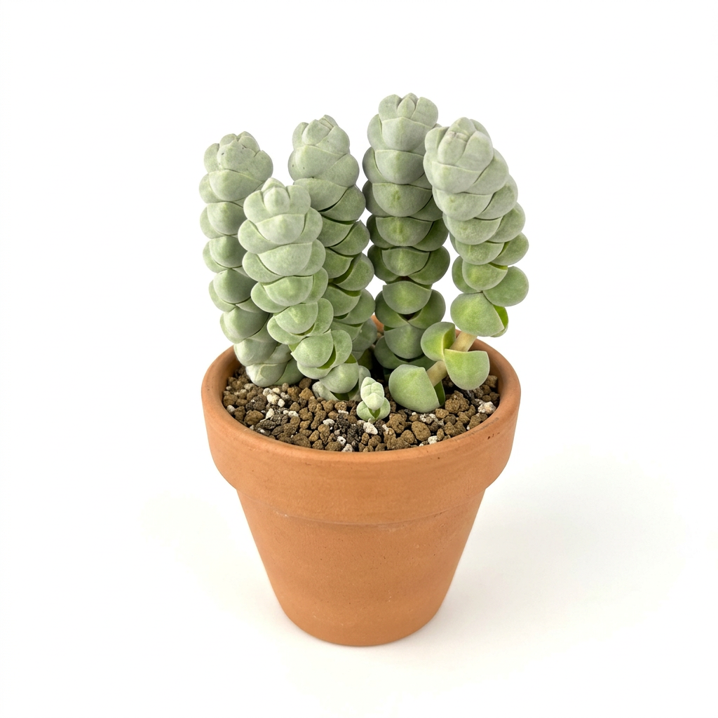 Crassula plegmatoides styled in a classic terracotta pot on a white studio background; decorative pot sold separately