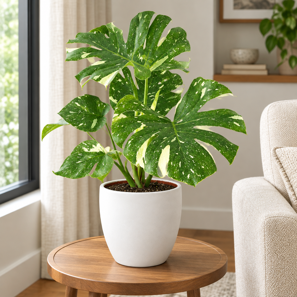 Thai Constellation Monstera styled in white Basel 6-inch planter, sold separately