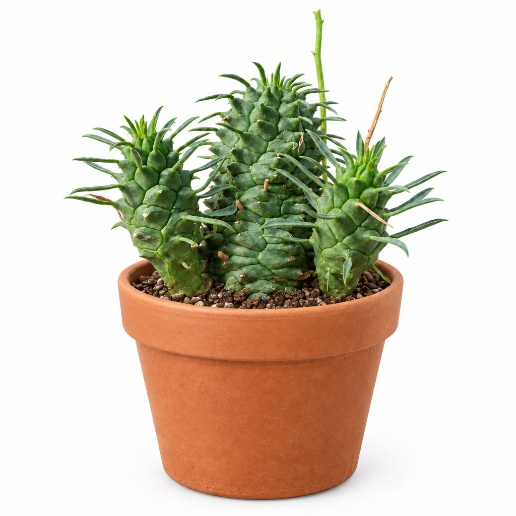 Euphorbia spiralis directly planted in a warm terracotta pot on a white background