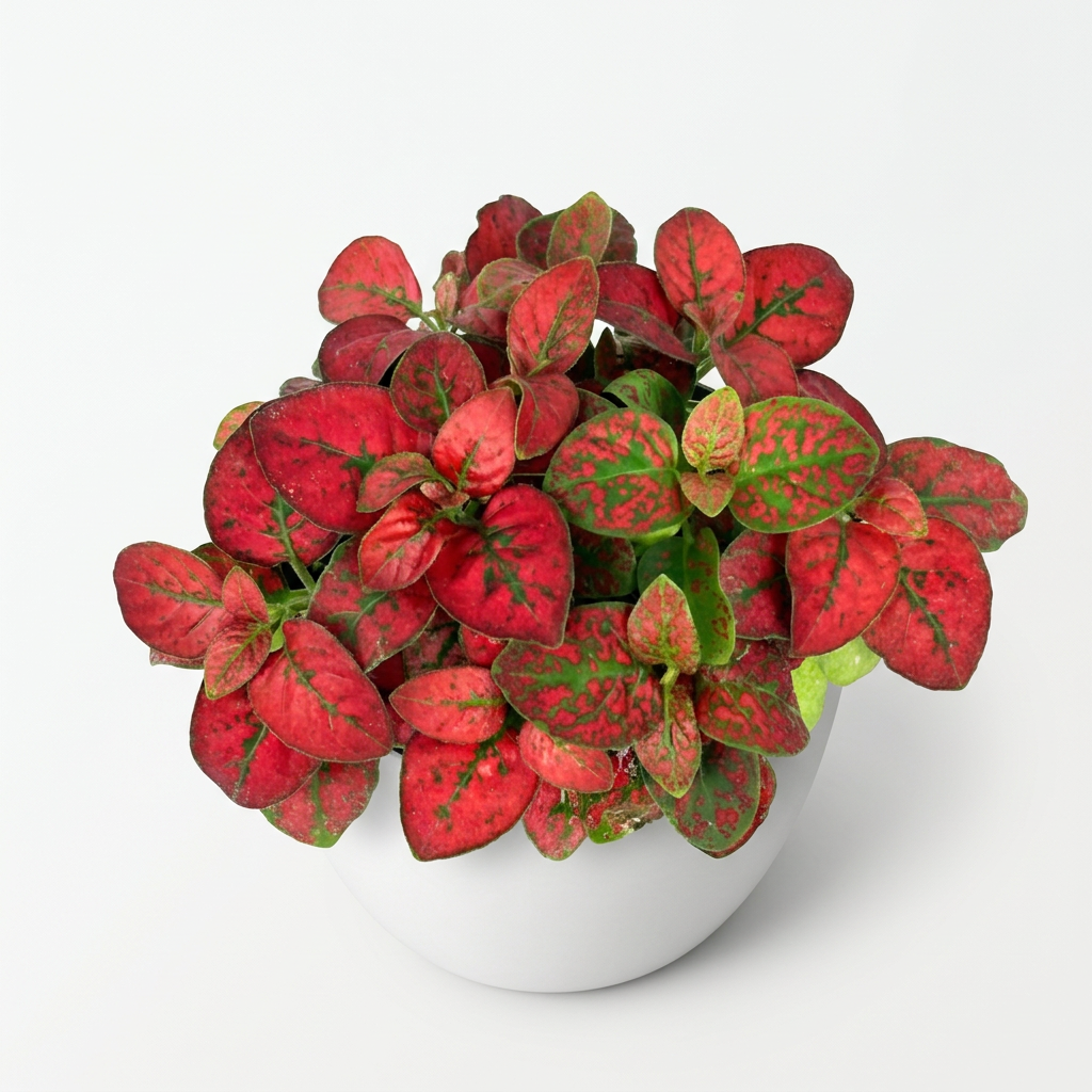 Hypoestes Red Splash Polka Dot Plant in a white BASEL 4.7-inch planter on white; planter sold separately, plant ships in a 3.5-inch nursery grow pot