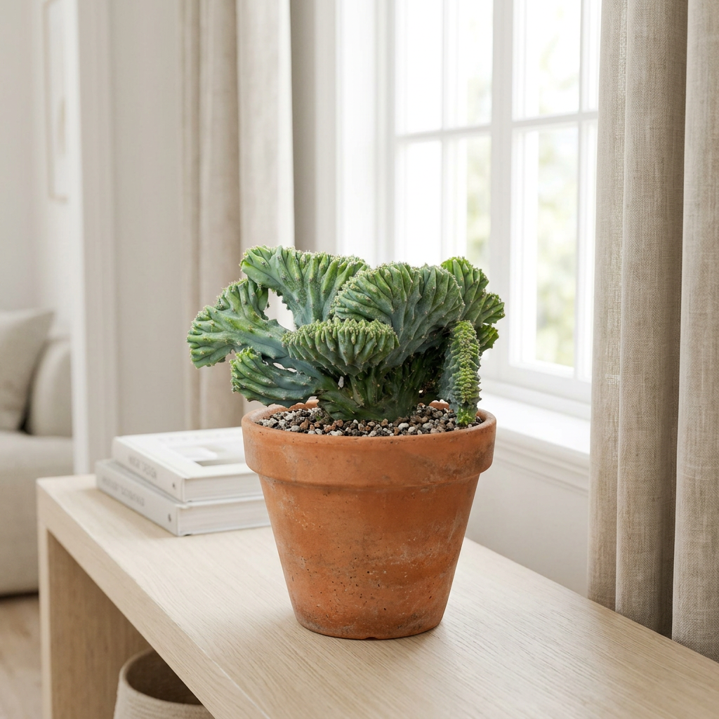Crested Blue Candle cactus styled in terracotta beside a sunny window; decorative pot sold separately, plant ships in nursery pot.