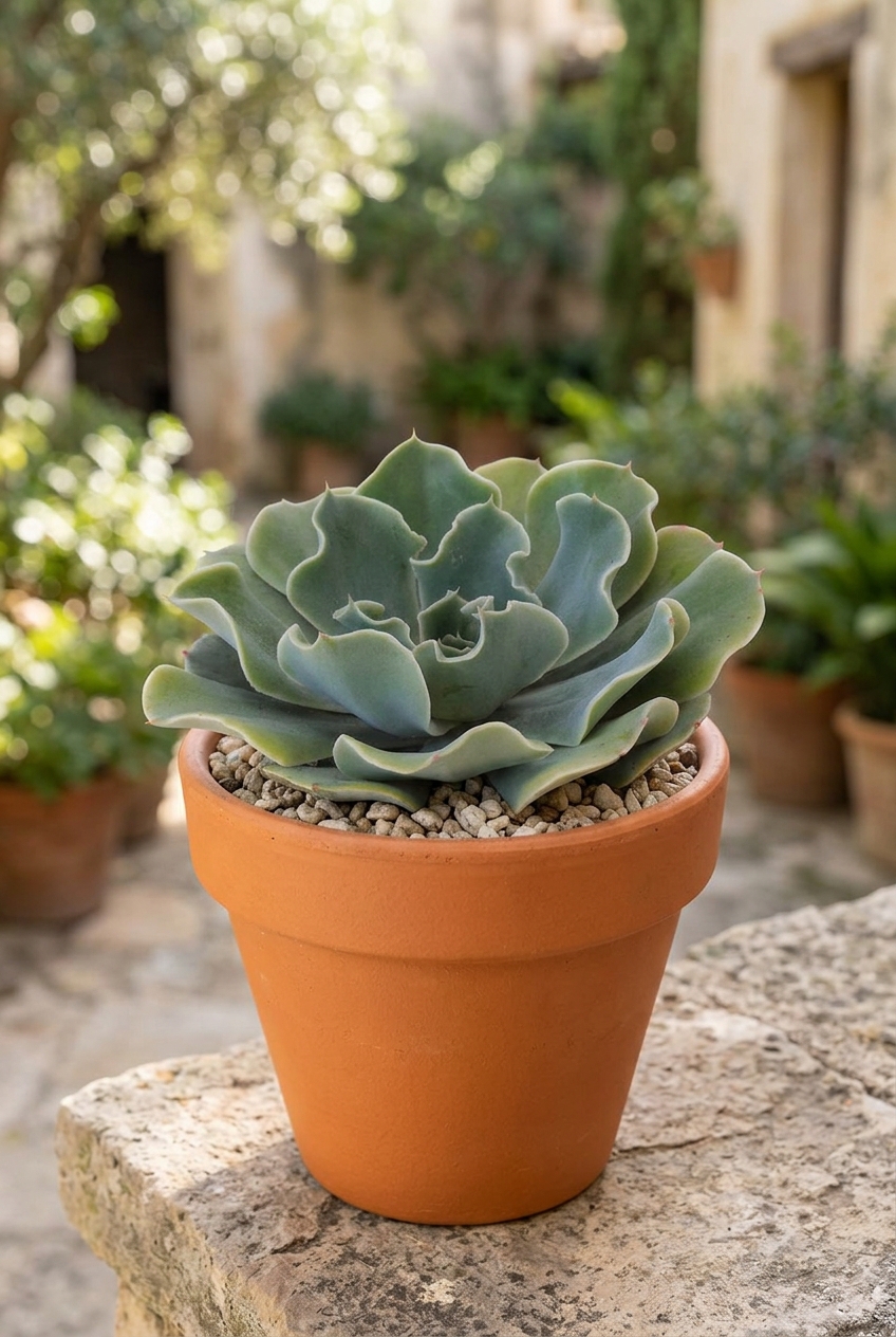 Blue Rose Echeveria styled in terracotta on a sheltered patio; decorative pot sold separately.