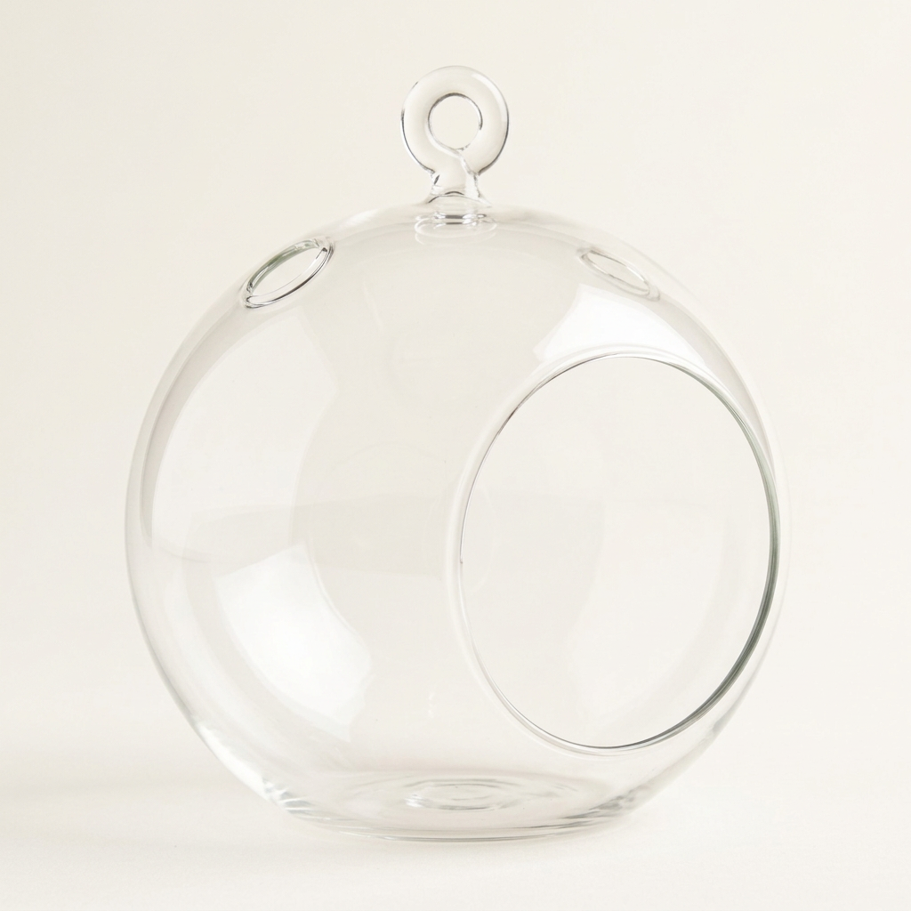 Empty 5.5-inch clear glass plant orb terrarium with hanging loop and flat base, studio view
