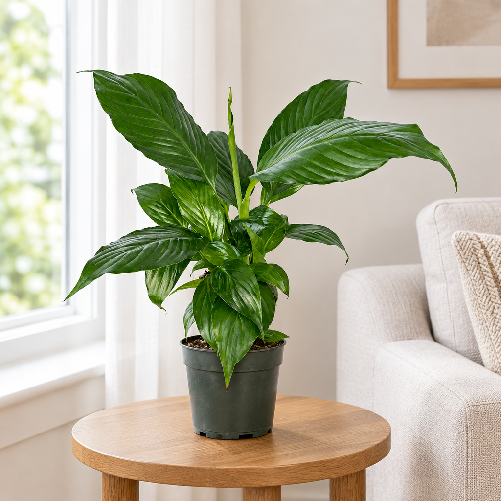 Peace Lily in its nursery grow pot on a side table beside a bright indoor window