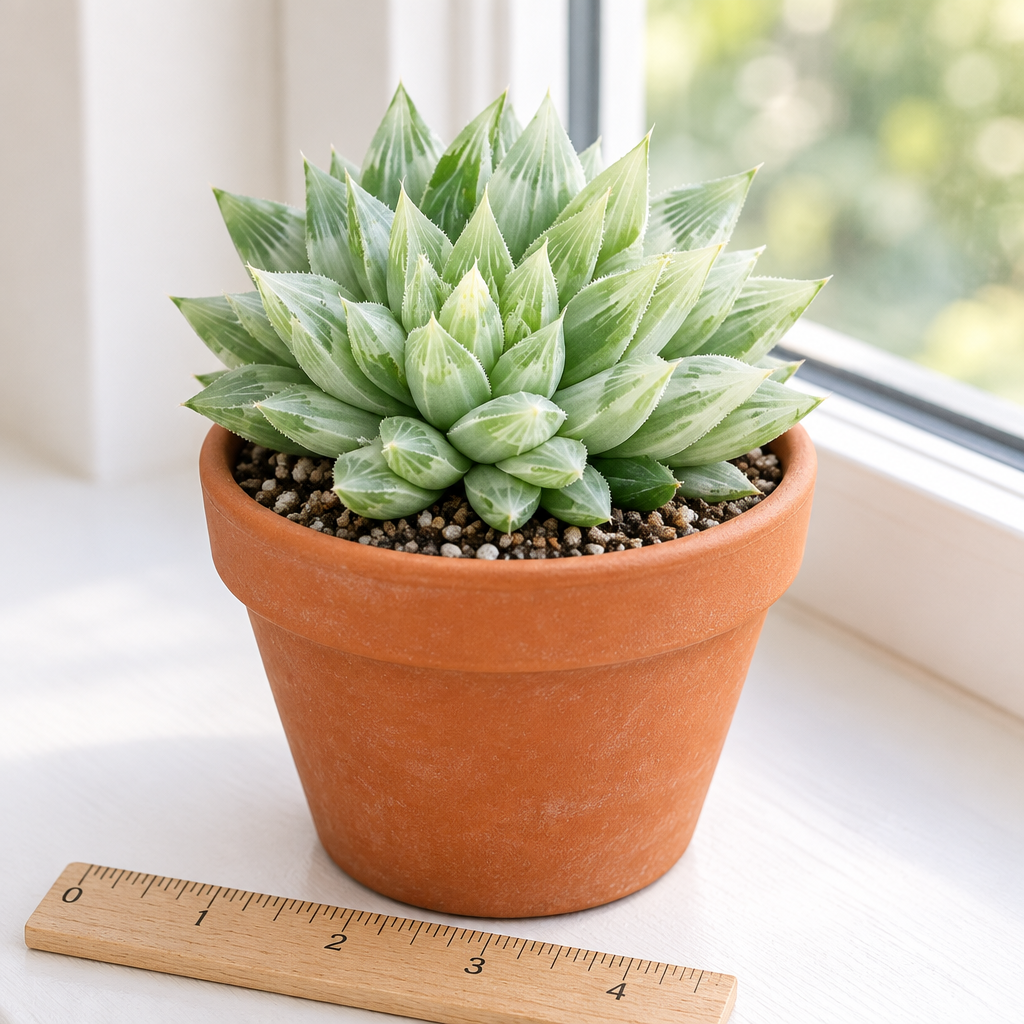 White Ghost Haworthia cluster planted in warm terracotta on an indoor windowsill