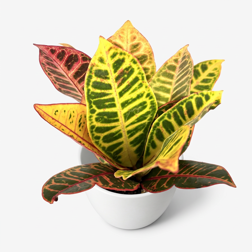 Young Croton Petra styled in a white BASEL 4.7-inch planter on a studio background; planter sold separately, plant ships in a 4-inch nursery grow pot