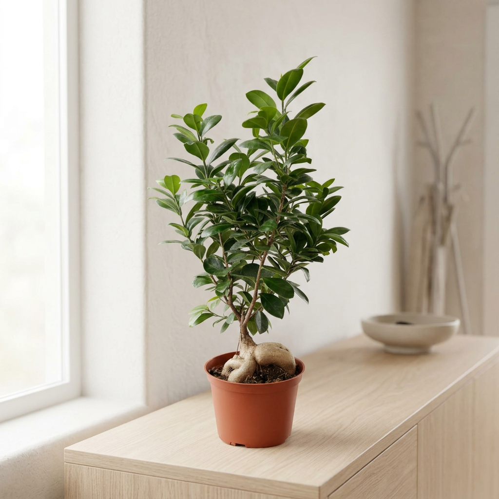 Ginseng Ficus in its six-inch nursery pot styled on a light wood console near a window; furniture and accessories not included.