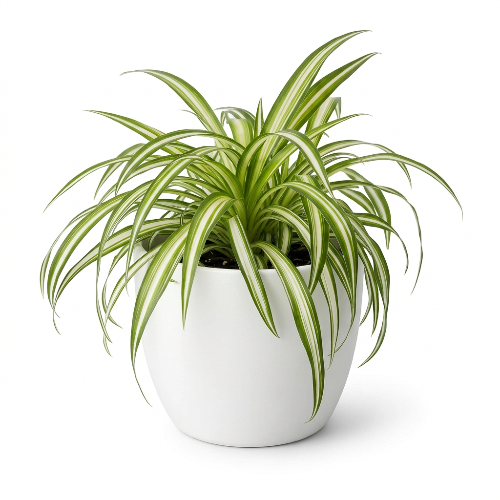 Variegated Spider Plant styled in a white BASEL planter on a white background; decorative planter sold separately