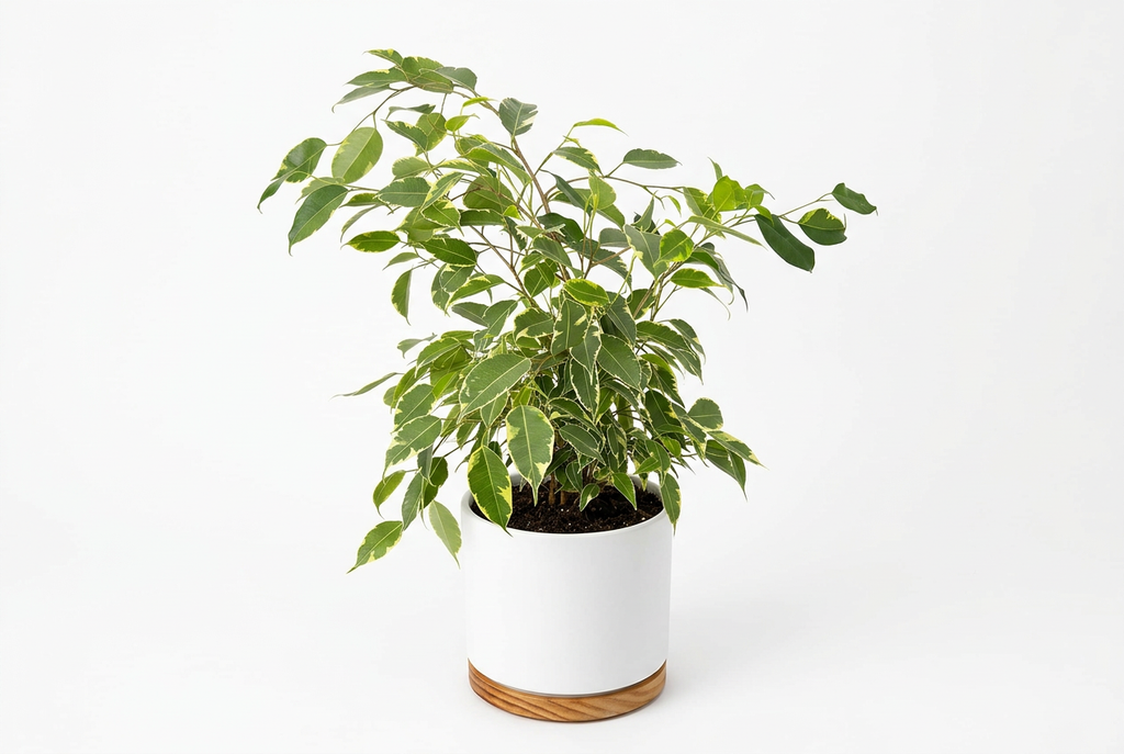 Ficus benjamina Spearmint styled in a white Oslo planter with a wood-grain base on a white background; decorative planter sold separately