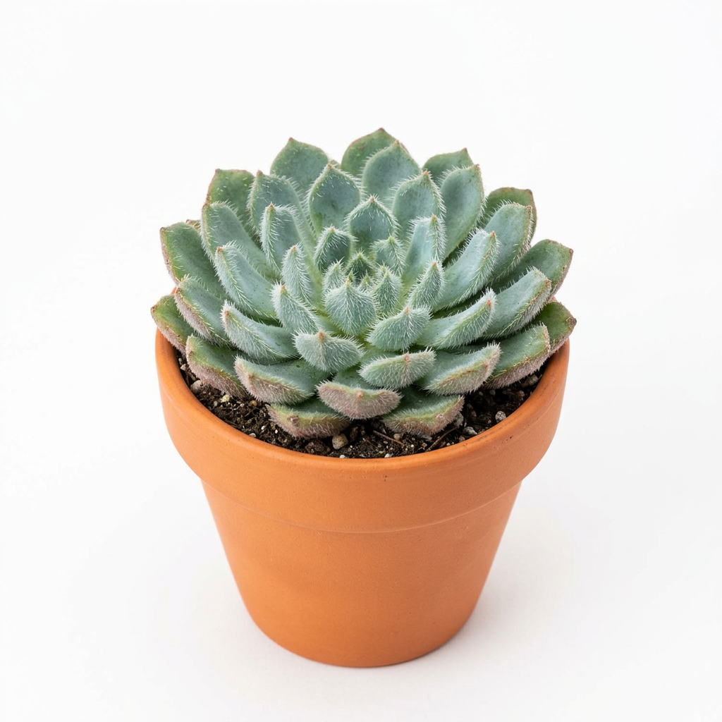Blue Woolly Rose Echeveria FO-42 styled in a small classic terracotta pot on a white background; decorative pot sold separately