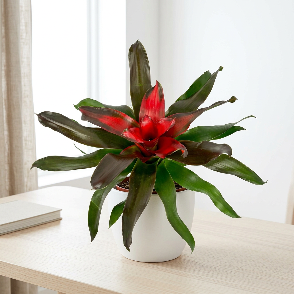 Neoregelia Medusa styled near a bright indoor window in a white BASEL planter; decorative planter sold separately