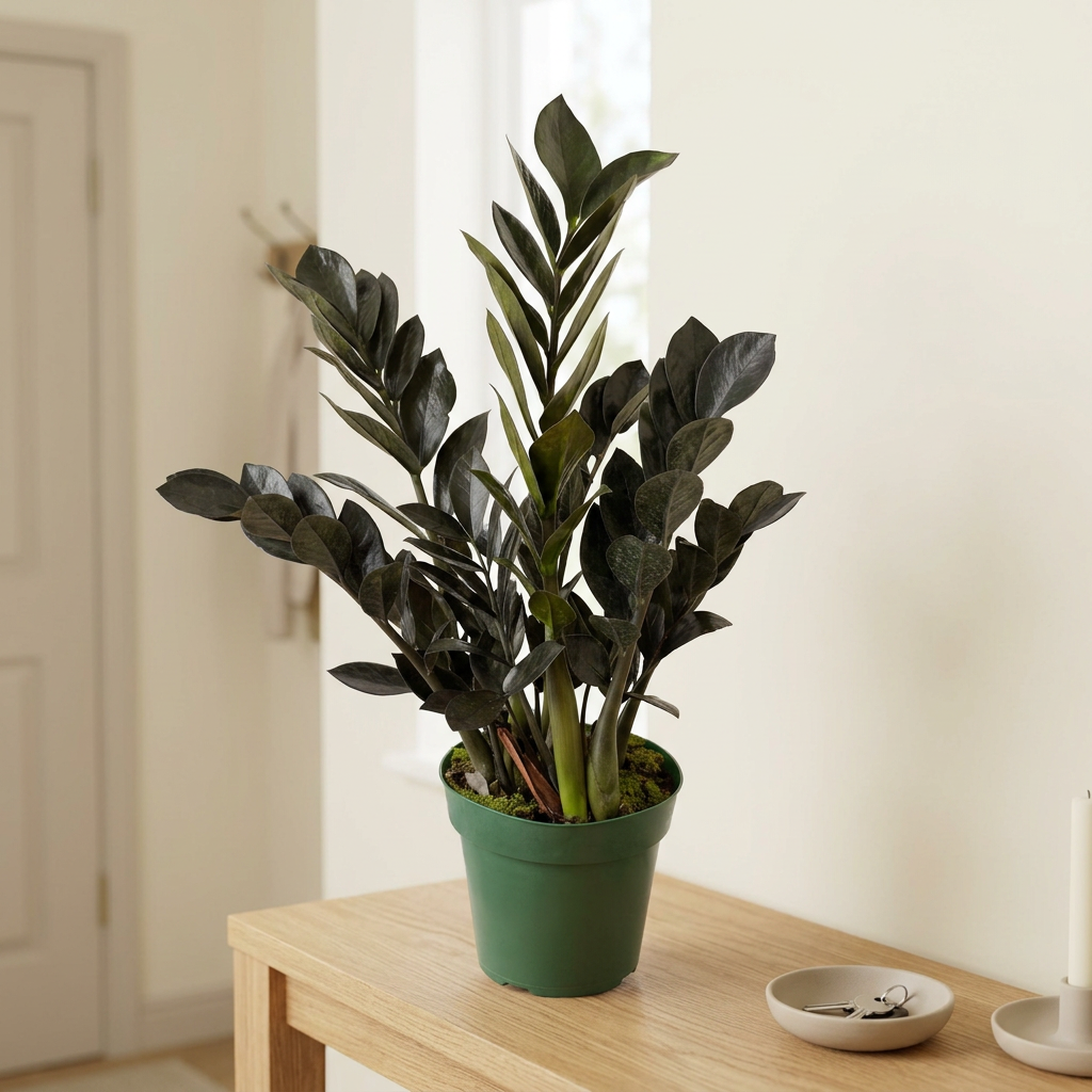 Raven ZZ plant in a 6-inch nursery pot on an entryway console table; furnishings and styling accessories not included