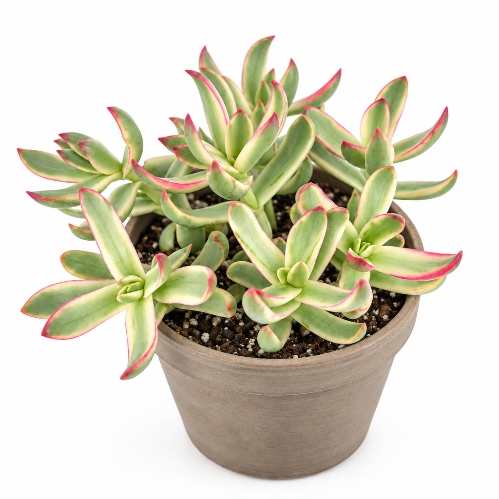 Crassula Candy Cane planted directly in a gray-taupe terracotta pot on white, with variegated leaves and pink edges