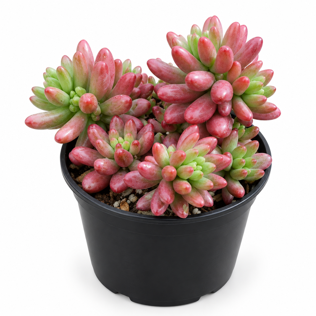 Pastel Jelly Bean Sedum Aurora in a black 4-inch nursery pot on white