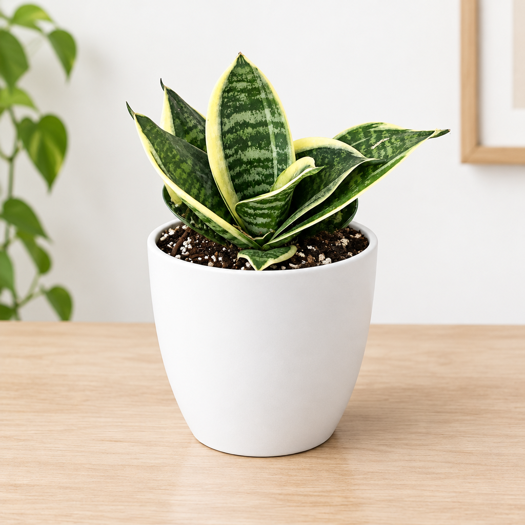 Hahnii Ocean Star snake plant styled in separately sold white Basel planter