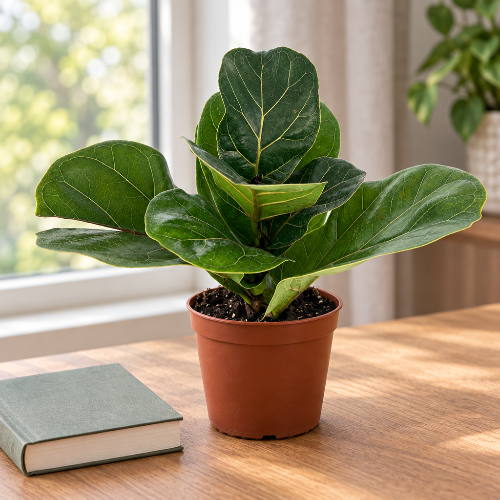Compact Bambino fiddle-leaf fig in nursery pot on an indoor tabletop by a window