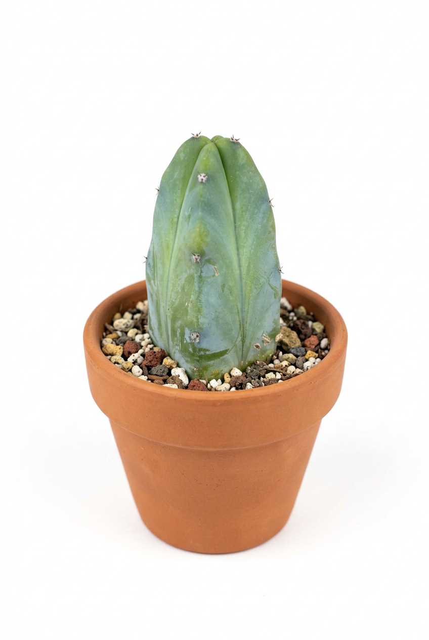 Alternate studio view of young Blue Candle Cactus in a tapered terracotta pot on white; decorative pot sold separately.