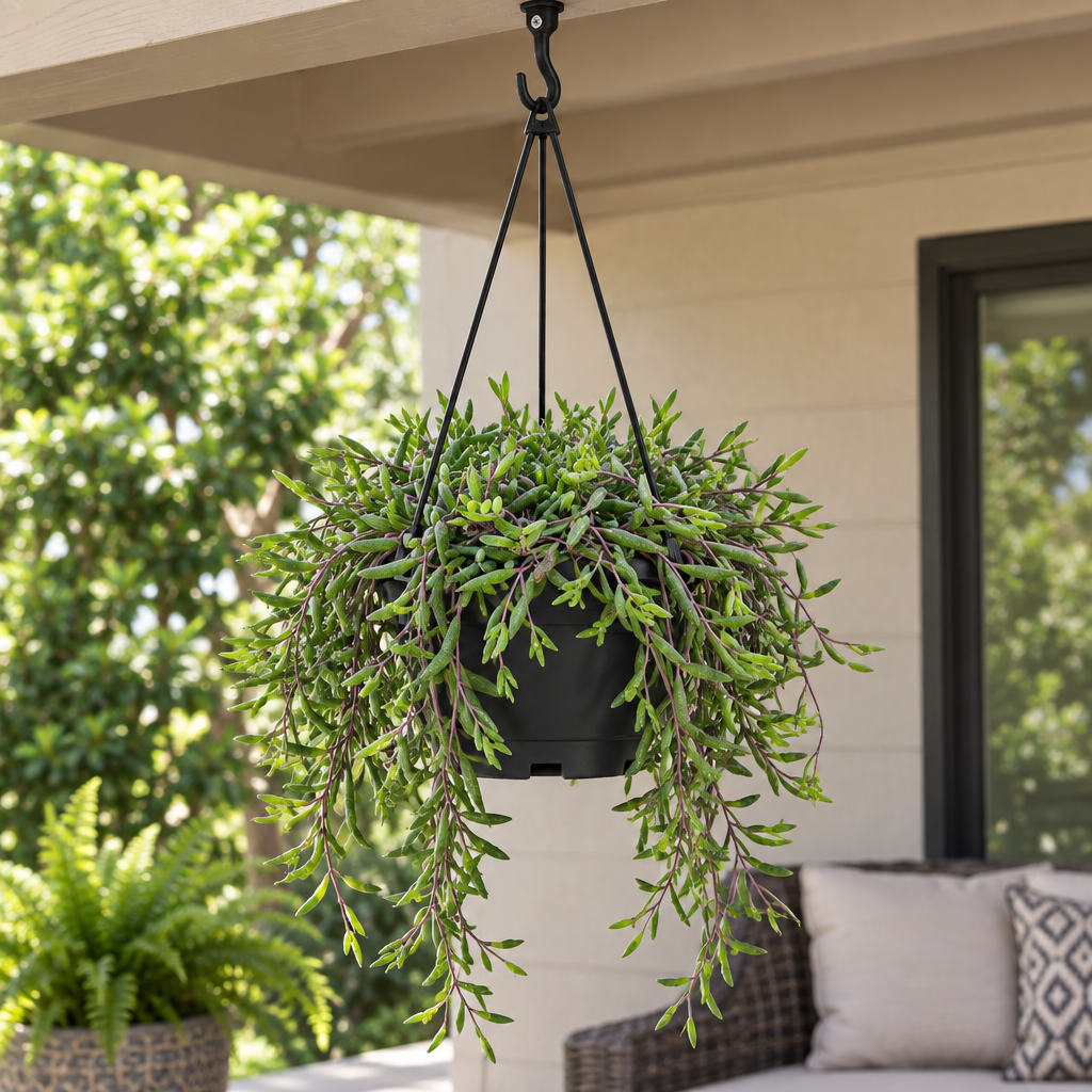 String of Pickles hanging in black grow pot from visible covered patio beam hook
