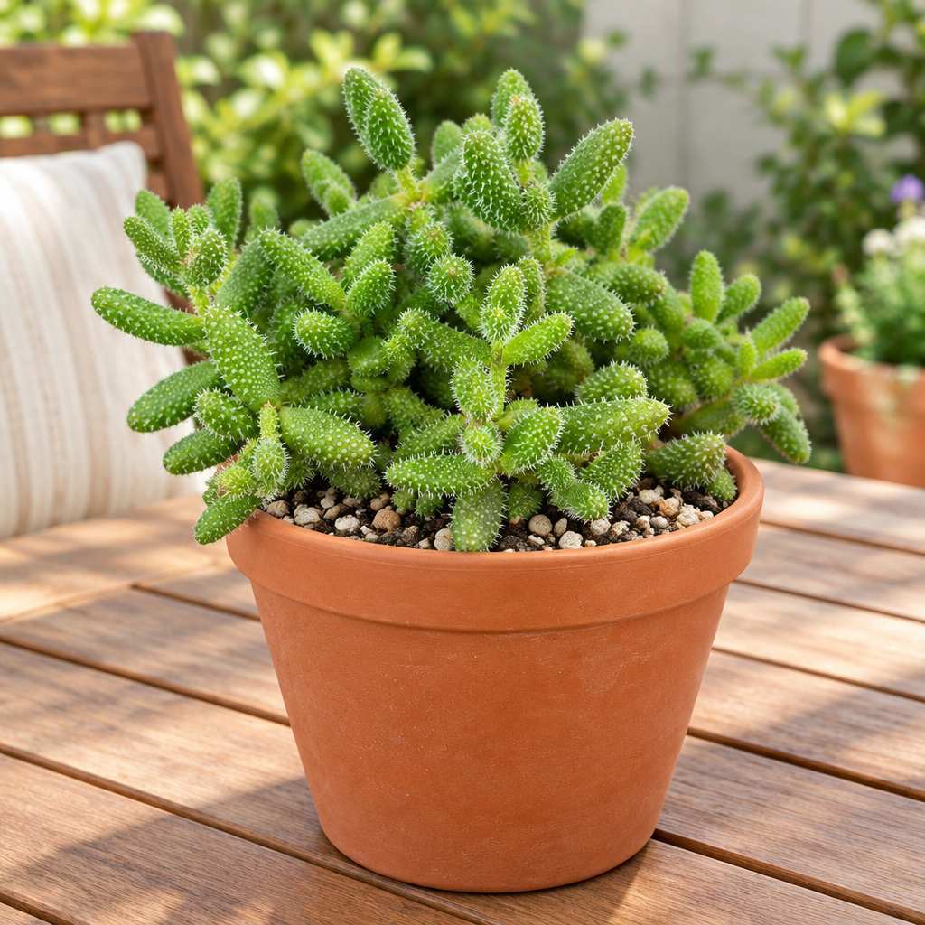 Pickle Plant in decorative terracotta pot on patio table; pot not included
