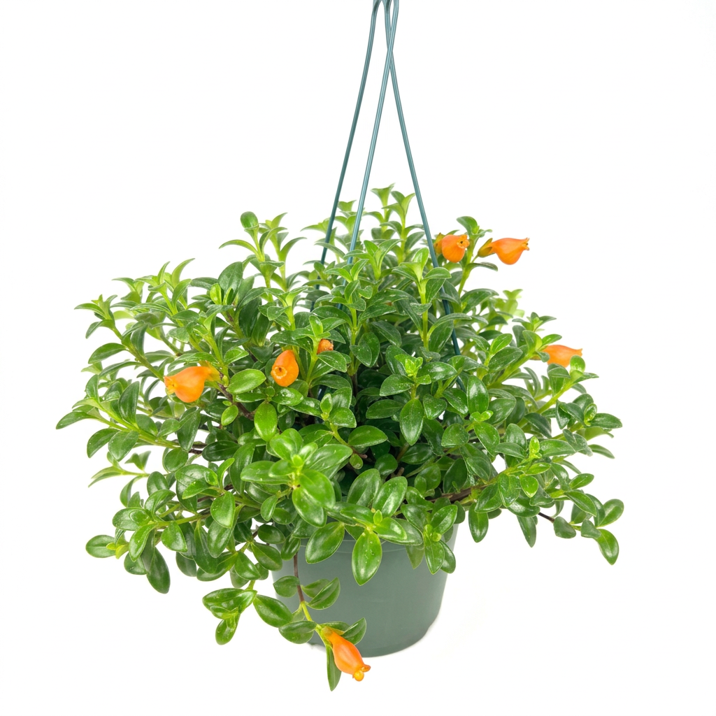 Nematanthus Candy Corn with orange flowers in a 6-inch hanging nursery pot; illustrative bloom display, blooms not guaranteed