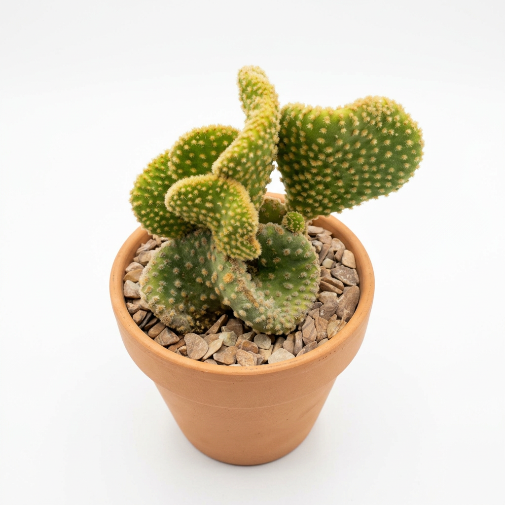 Funny Bunny crested cactus styled in a taller terracotta pot on a pure white background; decorative pot sold separately.