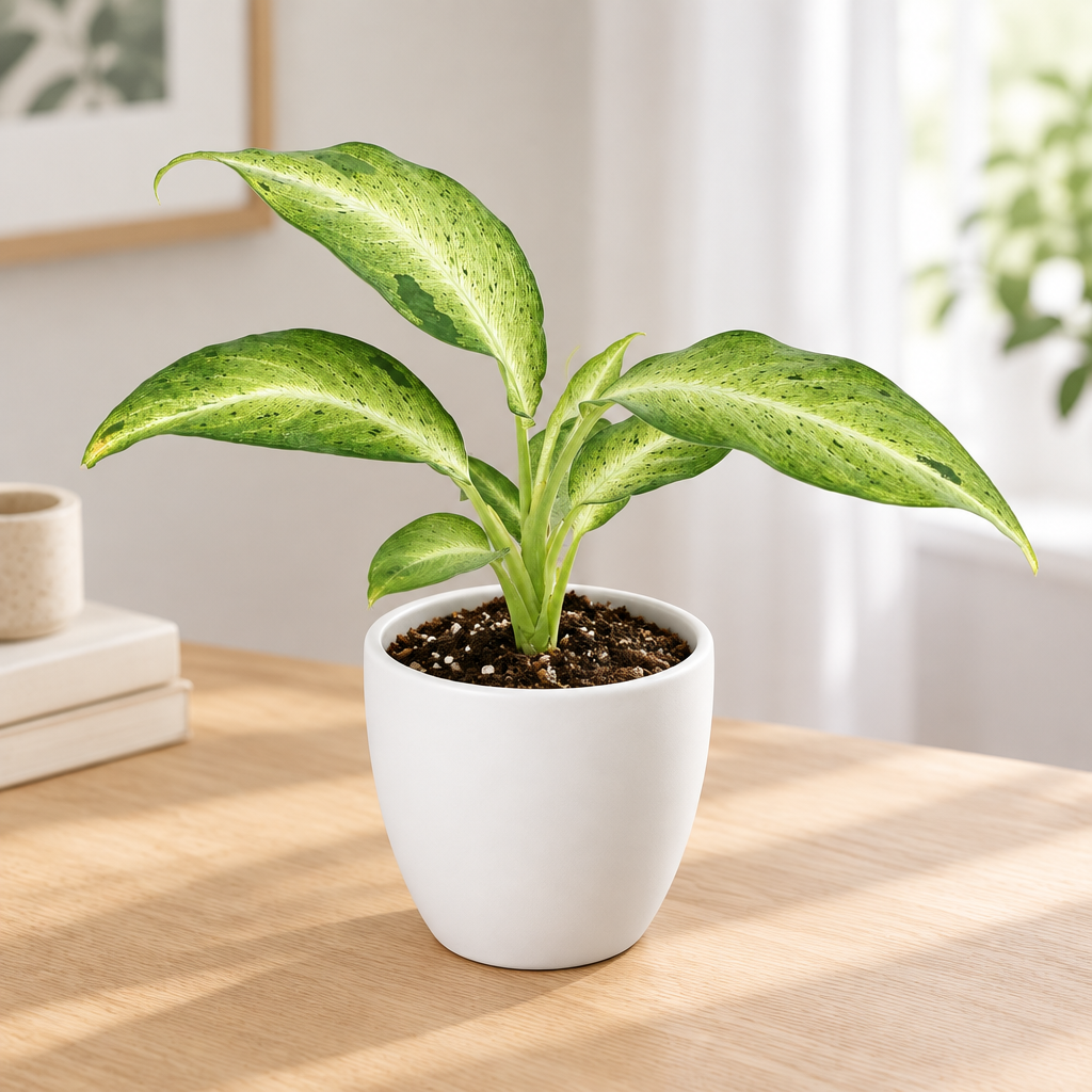 Dieffenbachia Camouflage styled in white Basel 4.7-inch planter; planter sold separately